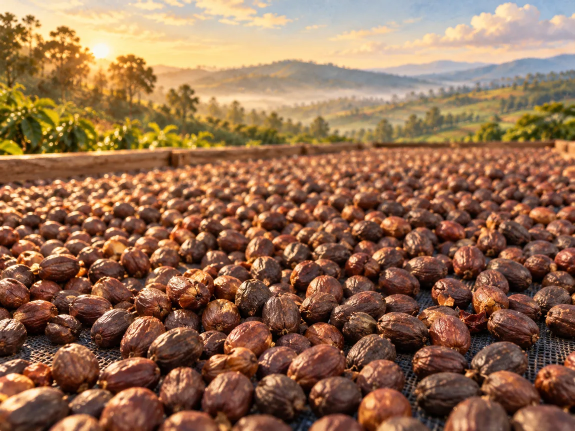 Illustrative scene of naturally processed coffee cherries drying on raised beds