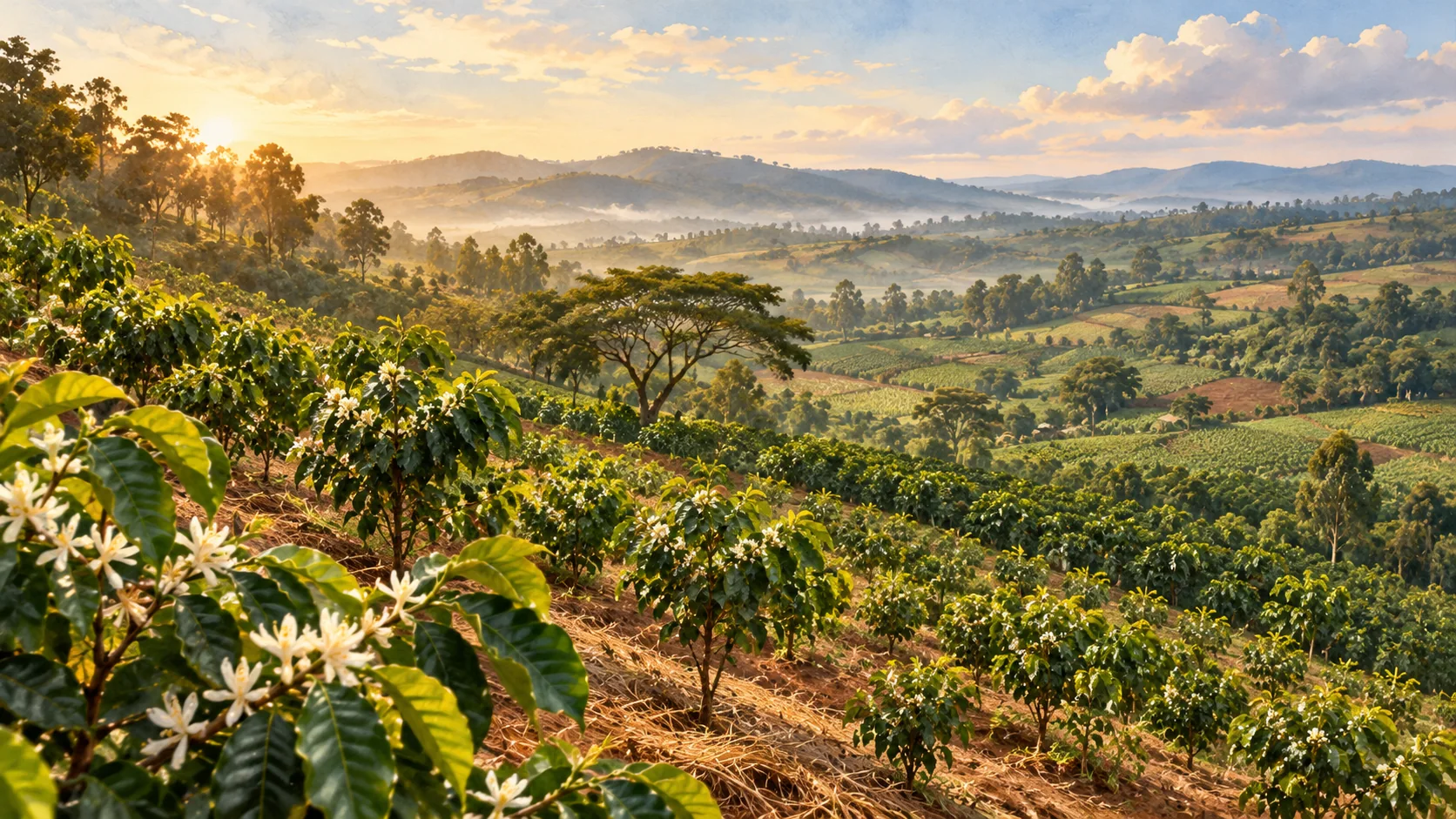 Artistic illustration inspired by coffee hillsides and farmland in Rwanda